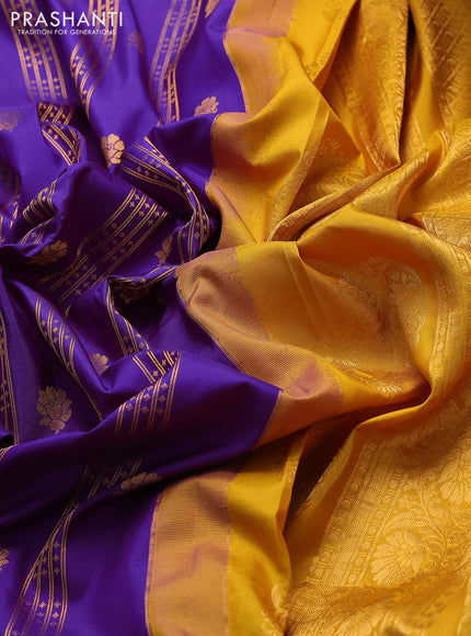 Pure gadwal silk saree purple and mustard yellow with allover zari weaves & buttas and zari woven border