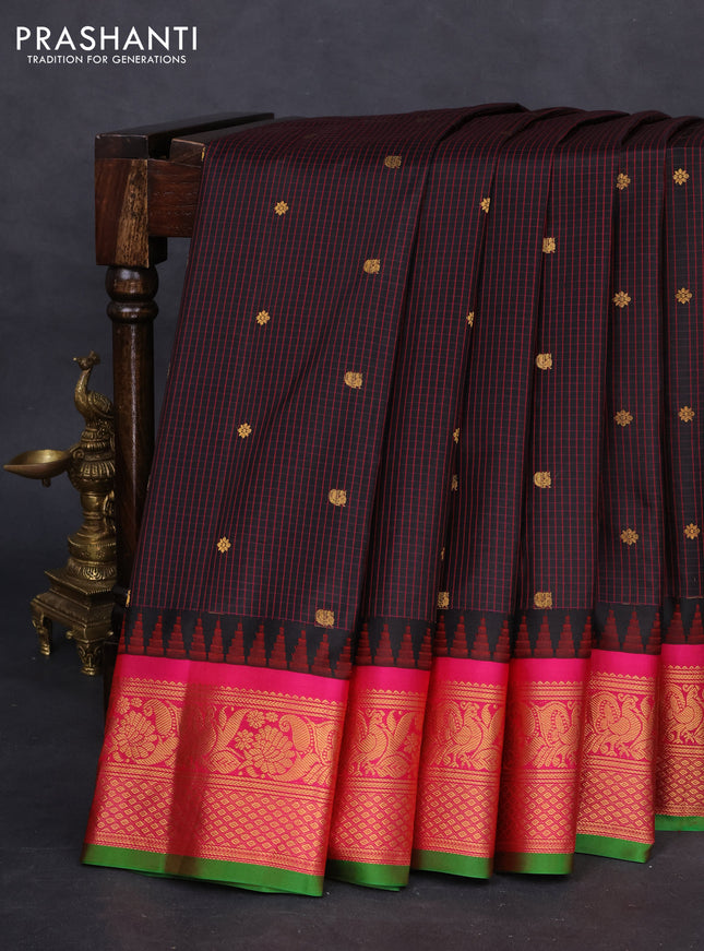 Pure gadwal silk saree black and pink with allover checked pattern and temple design zari woven border