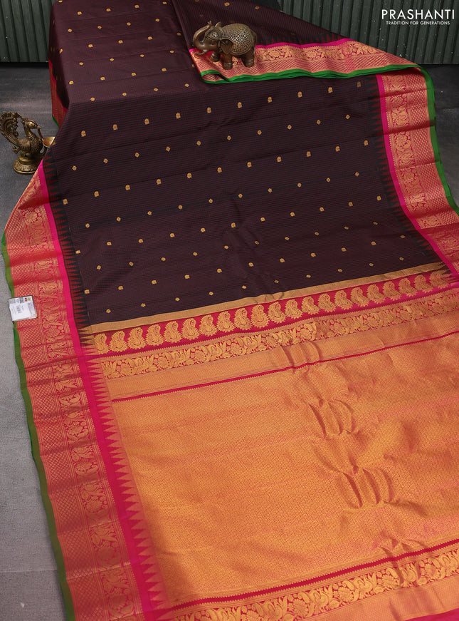 Pure gadwal silk saree black and pink with allover checked pattern and temple design zari woven border
