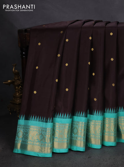 Pure gadwal silk saree coffe brown and teal green with zari woven buttas and temple design zari woven border