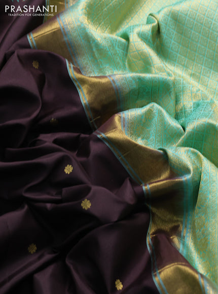 Pure gadwal silk saree coffe brown and teal green with zari woven buttas and temple design zari woven border