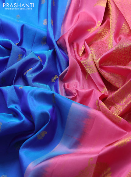 Pure gadwal silk saree cs blue and pink with paisley zari woven buttas and temple design zari woven border