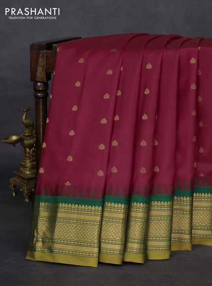 Pure gadwal silk saree red and green with zari woven buttas and temple design zari woven border
