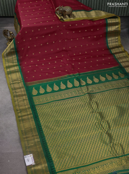 Pure gadwal silk saree red and green with zari woven buttas and temple design zari woven border