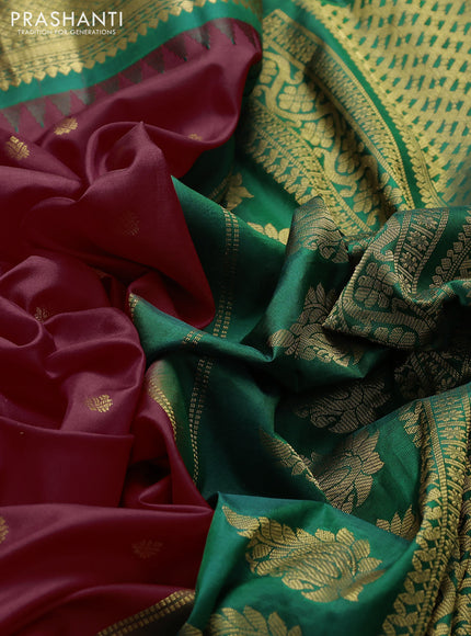 Pure gadwal silk saree red and green with zari woven buttas and temple design zari woven border