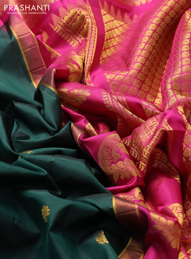 Pure gadwal silk saree bottle green and pink with zari woven buttas and temple design zari woven border