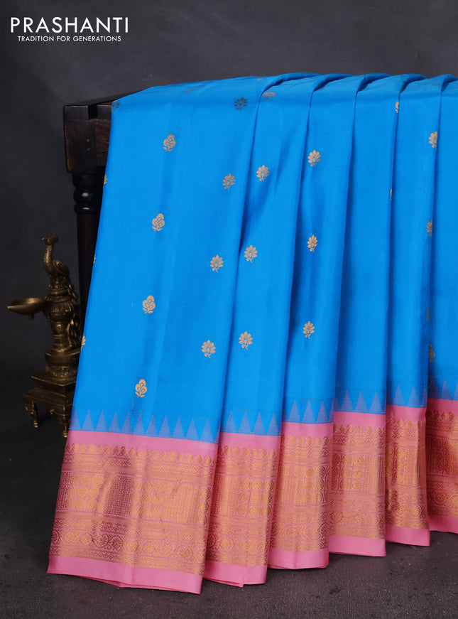 Pure gadwal silk saree cs blue and light pink with zari woven buttas and temple design zari woven border