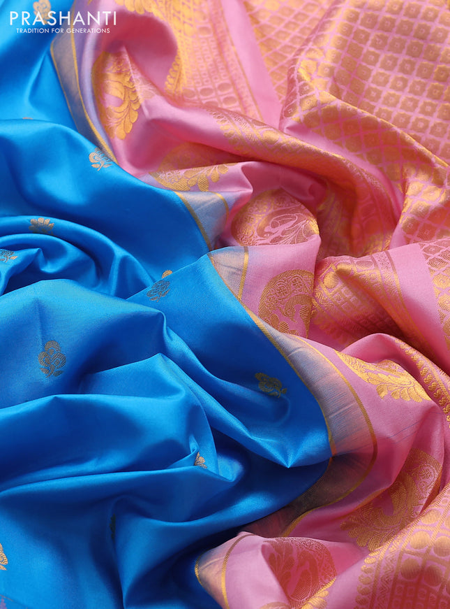 Pure gadwal silk saree cs blue and light pink with zari woven buttas and temple design zari woven border