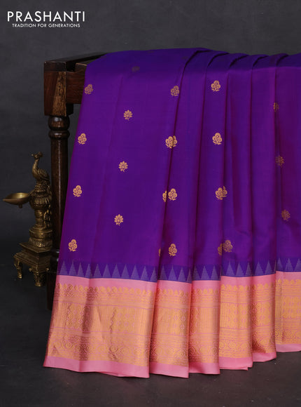 Pure gadwal silk saree purple and peach pink shade with zari woven buttas and temple design zari woven border