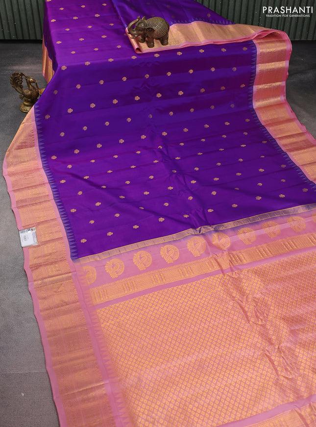 Pure gadwal silk saree purple and peach pink shade with zari woven buttas and temple design zari woven border