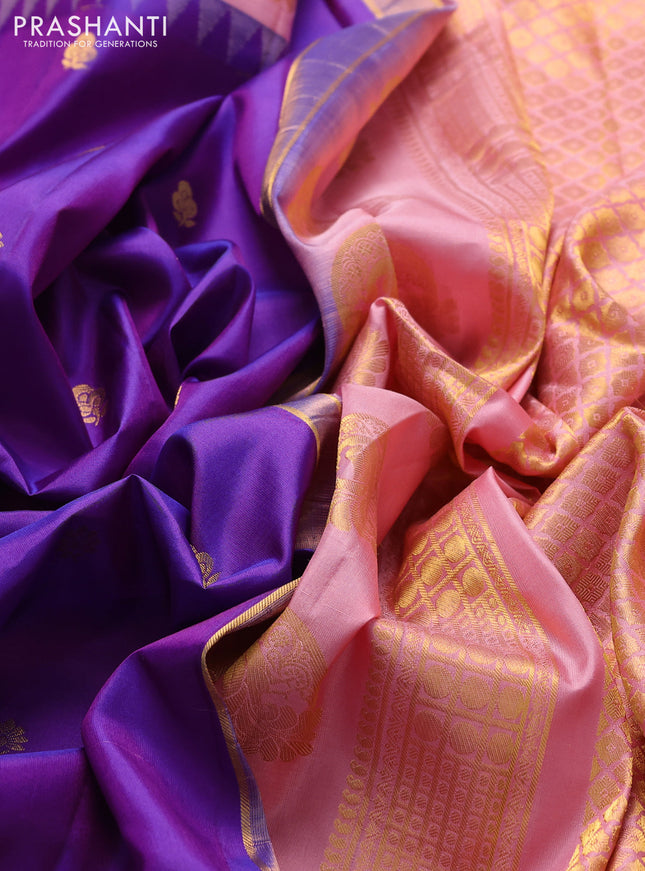 Pure gadwal silk saree purple and peach pink shade with zari woven buttas and temple design zari woven border