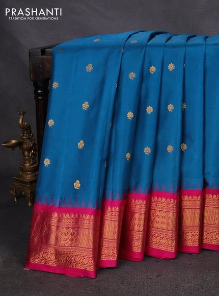 Pure gadwal silk saree cs blue and pink with zari woven buttas and temple design zari woven border