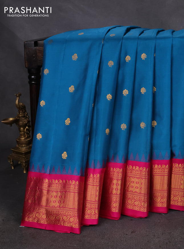 Pure gadwal silk saree cs blue and pink with zari woven buttas and temple design zari woven border