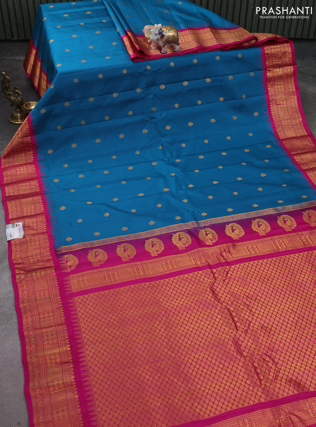 Pure gadwal silk saree cs blue and pink with zari woven buttas and temple design zari woven border