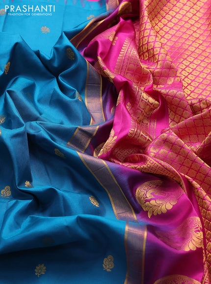 Pure gadwal silk saree cs blue and pink with zari woven buttas and temple design zari woven border