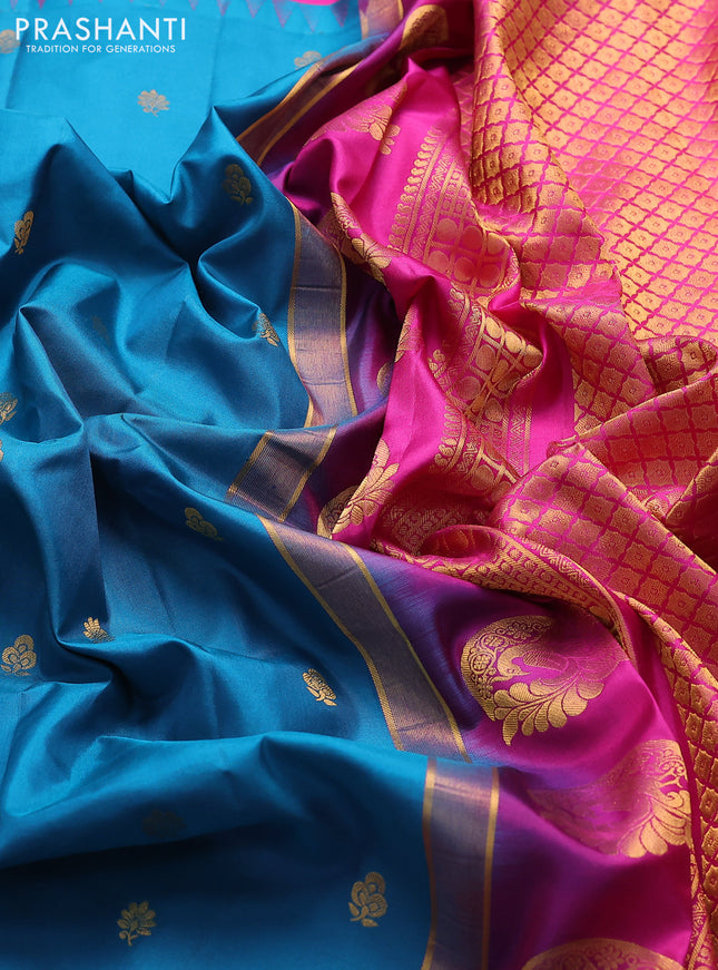 Pure gadwal silk saree cs blue and pink with zari woven buttas and temple design zari woven border