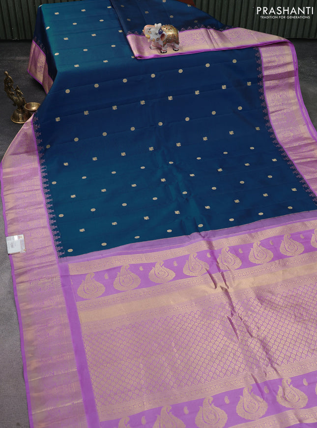Pure gadwal silk saree peacock blue and lavender with annam zari woven buttas and temple design zari woven border