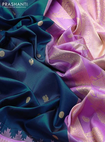 Pure gadwal silk saree peacock blue and lavender with annam zari woven buttas and temple design zari woven border