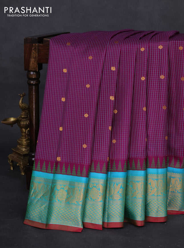 Pure gadwal silk saree purple and teal blue with allover checked pattern and temple design zari woven border