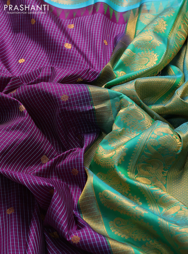 Pure gadwal silk saree purple and teal blue with allover checked pattern and temple design zari woven border