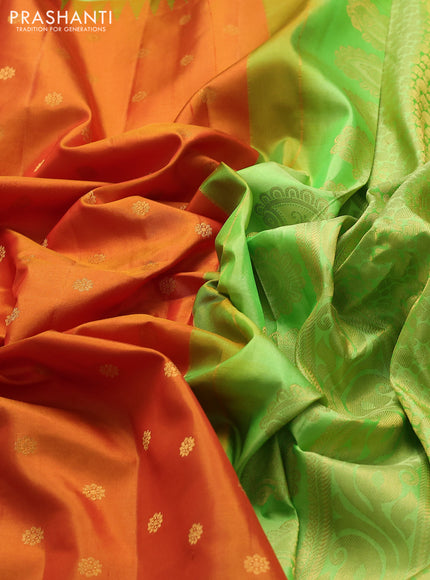 Pure gadwal silk saree orange and light green with zari woven buttas and temple design zari woven border