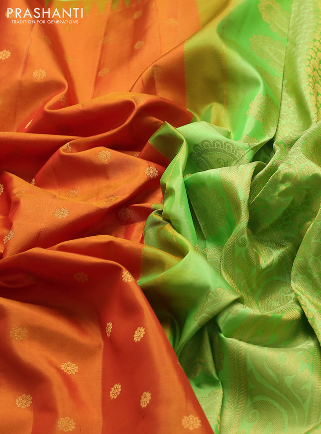 Pure gadwal silk saree orange and light green with zari woven buttas and temple design zari woven border