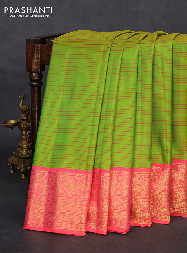 Pure gadwal silk saree lime green and candy pink with allover stripes pattern and zari woven korvai border