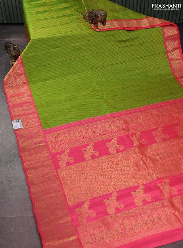 Pure gadwal silk saree lime green and candy pink with allover stripes pattern and zari woven korvai border