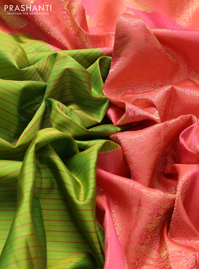 Pure gadwal silk saree lime green and candy pink with allover stripes pattern and zari woven korvai border
