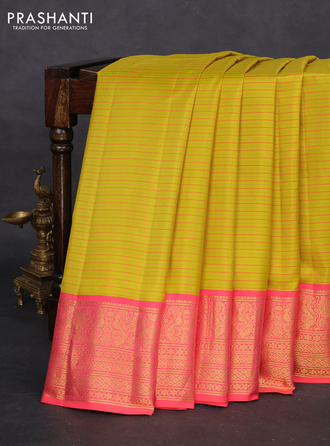 Pure gadwal silk saree lime green and candy pink with allover stripes pattern and zari woven korvai border