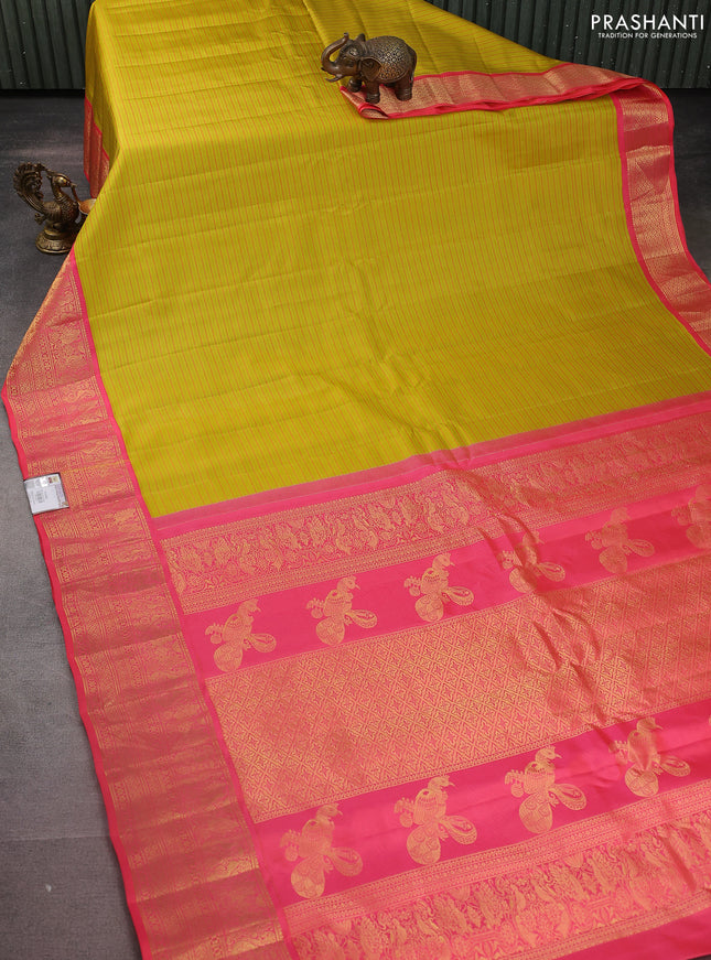 Pure gadwal silk saree lime green and candy pink with allover stripes pattern and zari woven korvai border