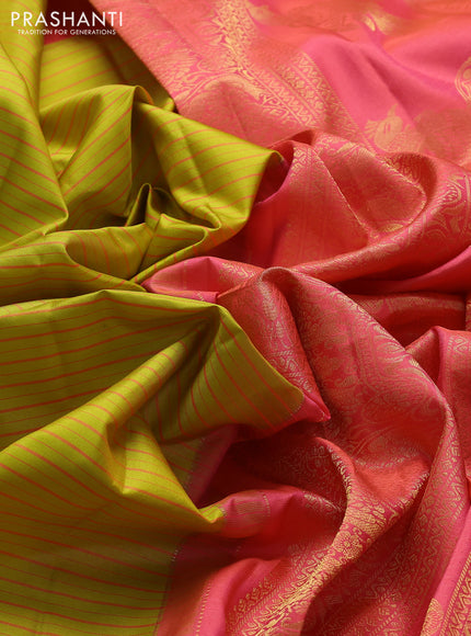 Pure gadwal silk saree lime green and candy pink with allover stripes pattern and zari woven korvai border