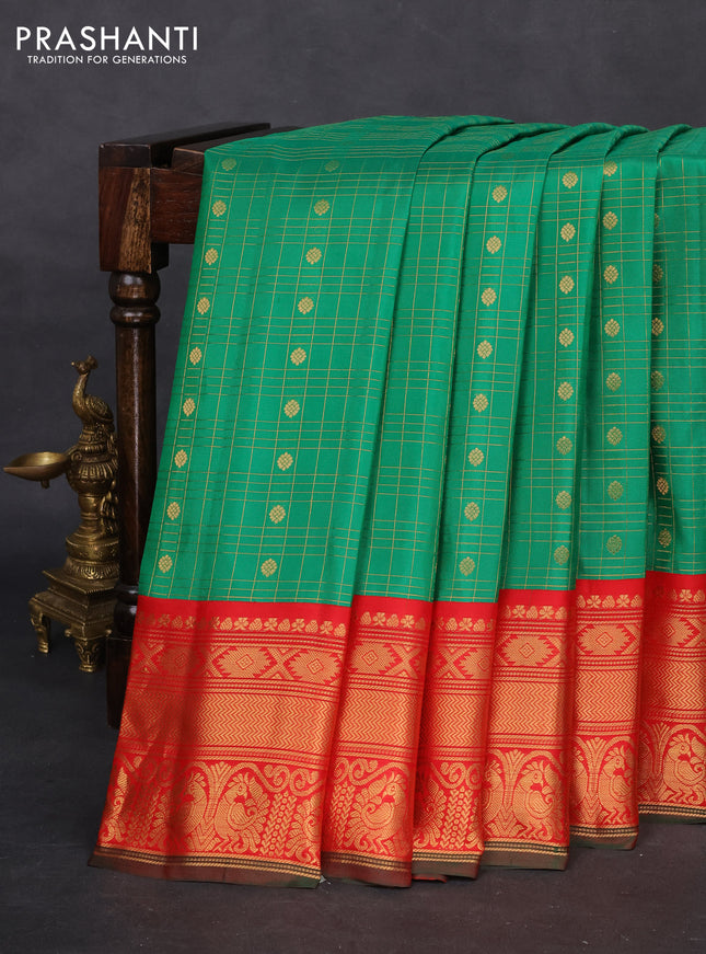 Pure gadwal silk saree green and red with allover zari checked pattern and zari woven korvai border