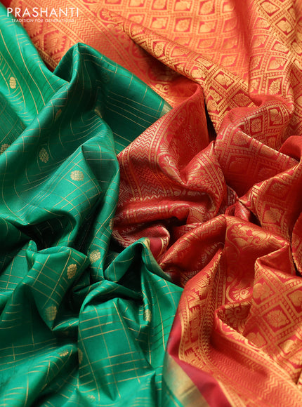 Pure gadwal silk saree green and red with allover zari checked pattern and zari woven korvai border