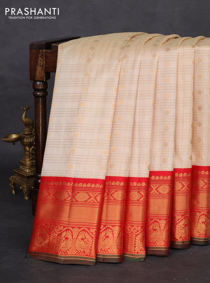 Pure gadwal silk saree cream and red with allover zari checked pattern and zari woven korvai border