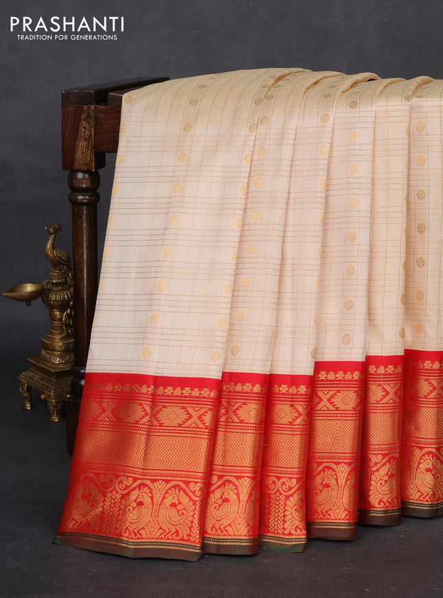 Pure gadwal silk saree cream and red with allover zari checked pattern and zari woven korvai border