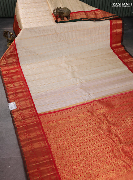 Pure gadwal silk saree cream and red with allover zari checked pattern and zari woven korvai border
