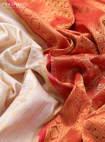 Pure gadwal silk saree cream and red with allover zari checked pattern and zari woven korvai border