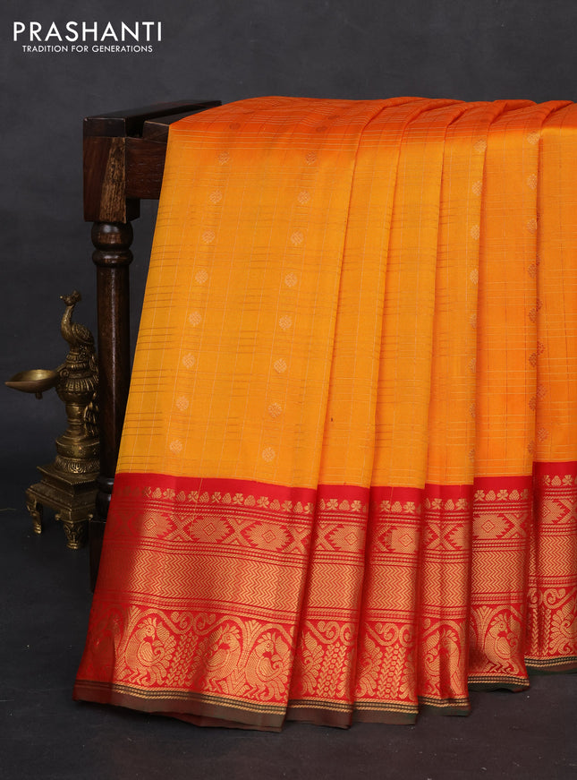 Pure gadwal silk saree mango yellow and red with allover zari checked pattern and zari woven korvai border