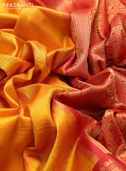 Pure gadwal silk saree mango yellow and red with allover zari checked pattern and zari woven korvai border