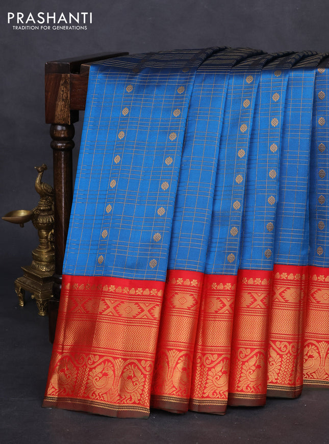 Pure gadwal silk saree peacock blue and red with allover zari checked pattern and zari woven korvai border
