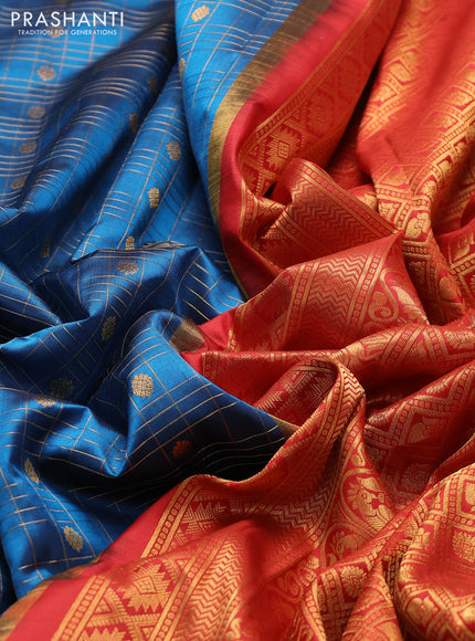 Pure gadwal silk saree peacock blue and red with allover zari checked pattern and zari woven korvai border