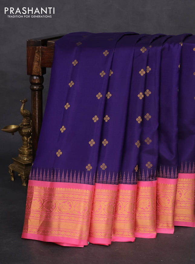 Pure gadwal silk saree dark blue and pink with zari woven buttas and temple design zari woven border