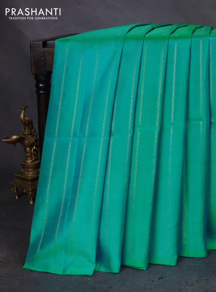 Pure soft silk saree teal blue and mustard yellow with allover silver zari stripes pattern in borderless style