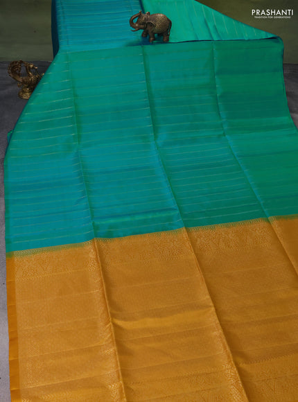 Pure soft silk saree teal blue and mustard yellow with allover silver zari stripes pattern in borderless style