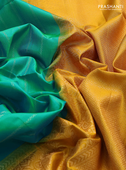 Pure soft silk saree teal blue and mustard yellow with allover silver zari stripes pattern in borderless style
