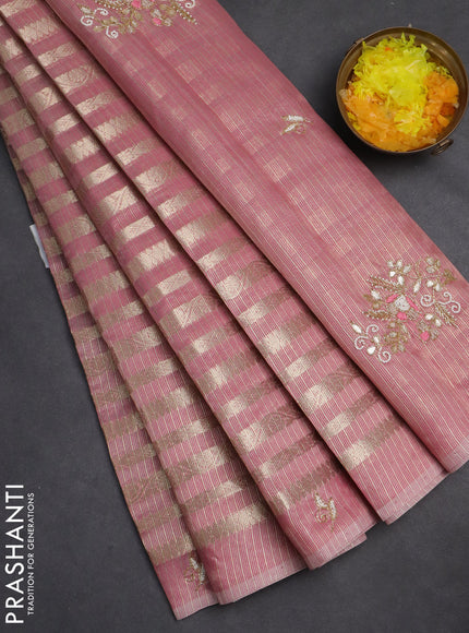 Kota tissue saree pink with allover zari weaves and embroidery butta border