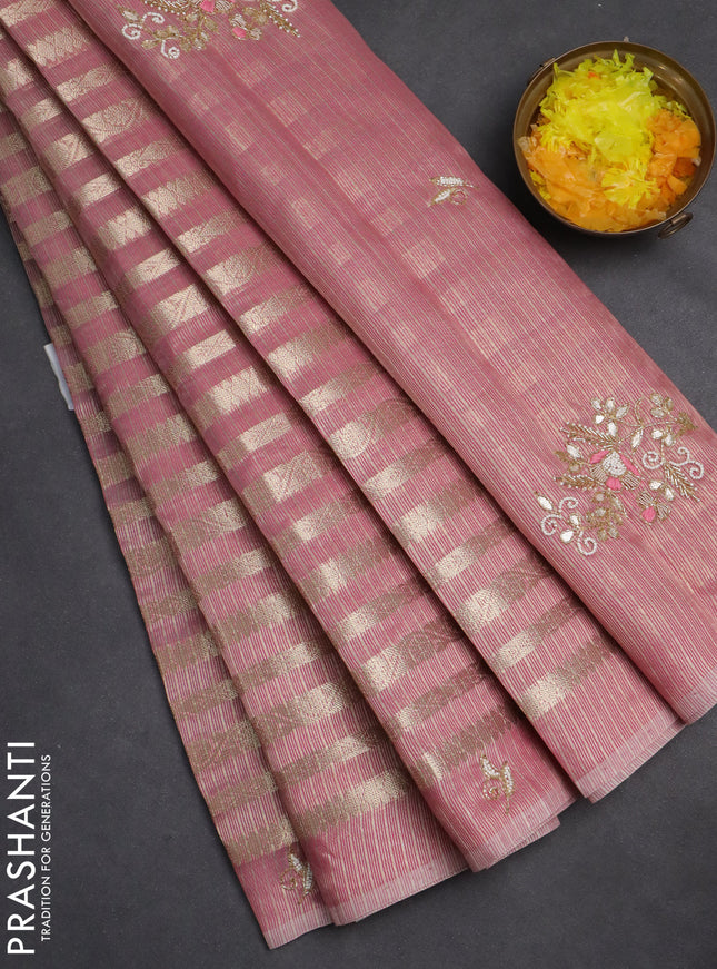 Kota tissue saree pink with allover zari weaves and embroidery butta border