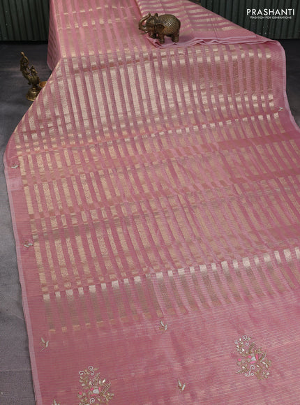 Kota tissue saree pink with allover zari weaves and embroidery butta border