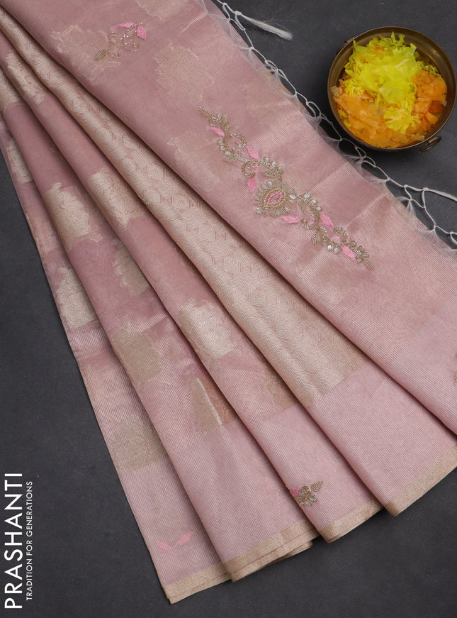 Kota tissue saree light pink with zari woven floral buttas and embroidery butta border